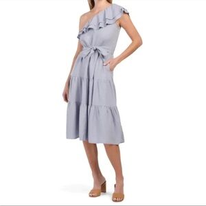 Nicole Miller Linen One Shoulder Ruffle Fit and Flare Dress Size Large